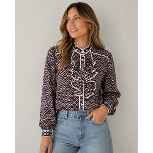 The Shirt Rochelle Behrens Geometric Ruffle Blouse Navy Red Cotton Linen Small